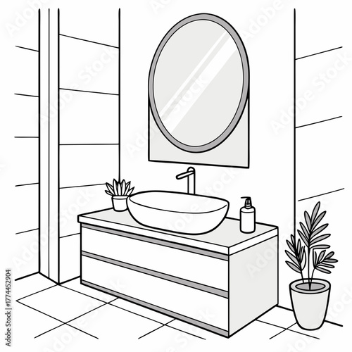 Modern bathroom vanity with vessel sink oval mirror and potted plants in a clean line art style
