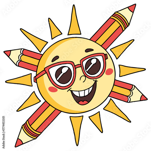 Happy cartoon sun character wearing glasses with pencils as rays smiling brightly