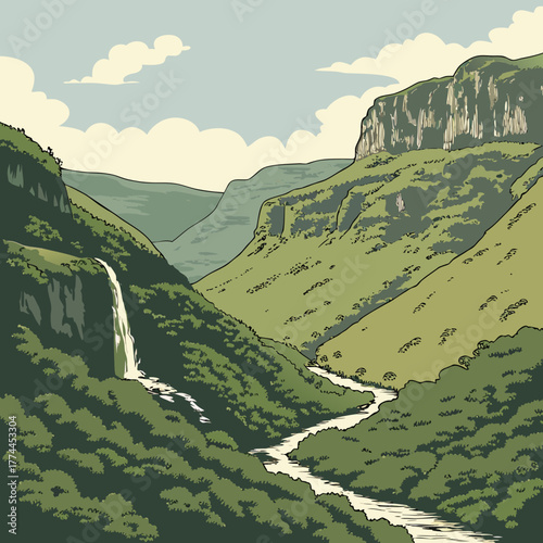 Scenic mountain valley landscape with a cascading waterfall and winding river flowing through lush green vegetation