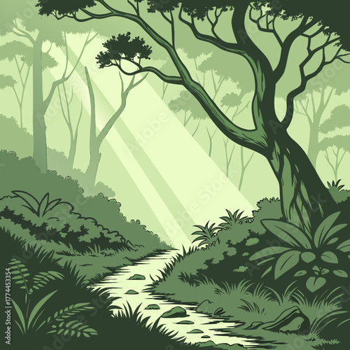 Serene forest stream flows through lush green vegetation with sunbeams filtering through the trees