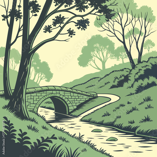Serene countryside landscape with an old stone bridge arching over a gentle stream and winding path
