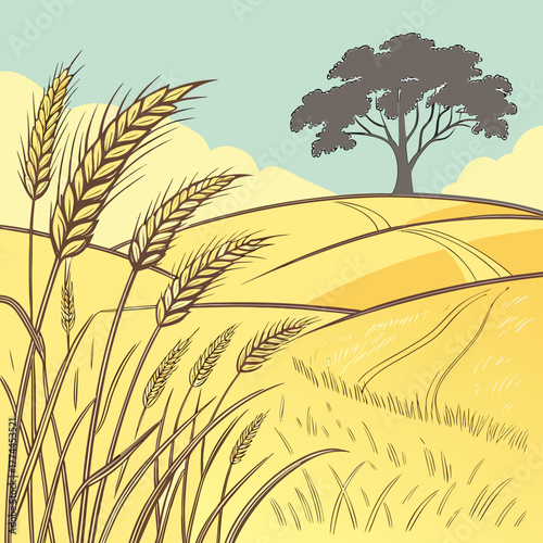 Golden wheat fields under a serene sky with a solitary tree on rolling hills
