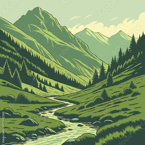 Serene mountain valley with a winding river and lush green pine forests under a clear sky