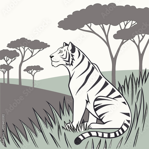 Majestic white tiger sitting calmly in a grassy savanna with silhouetted trees in the background