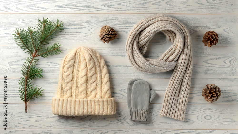Obraz premium Cozy winter accessories arranged on a wooden table with pinecones and a sprig of evergreen