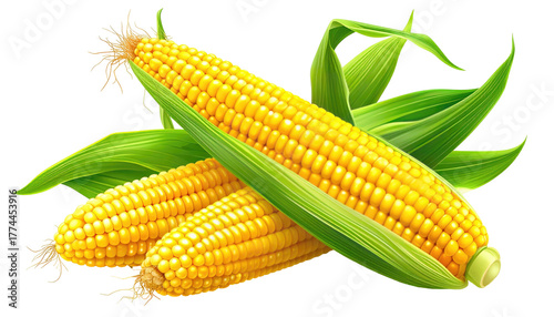 Three bright yellow corn cobs nestled amongst vibrant green leaves, isolated on a transparent background