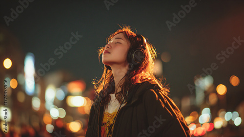 夜の街でヘッドフォンをして音楽を聴く女性（AI生成）