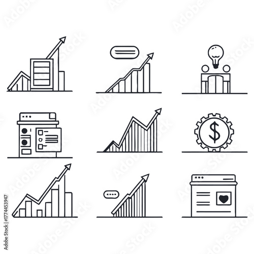 Minimalist Black and White Line Art of Training and Skill Development Conceptual Icons for Web Design