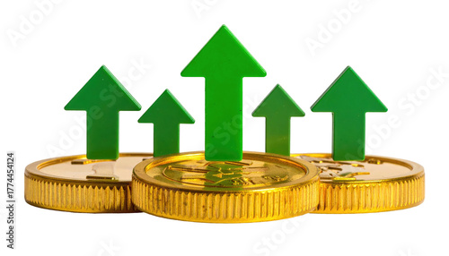 Gold coins with upward green arrows, signifying economic growth and financial success against a black background