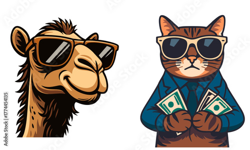 Stylish Cartoon Camel & Cat in Sunglasses – Fun Animal Character Illustration