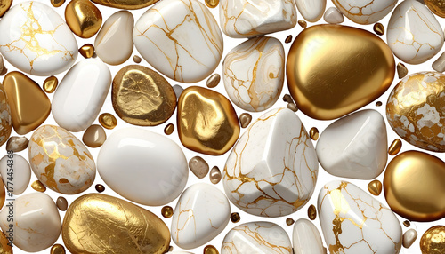Gleaming gold and marbled white pebbles create a luxurious, smooth, and visually textured abstract surface