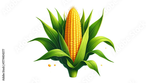 Ripe ear of corn surrounded by vibrant green leaves, standing tall against a stark black background
