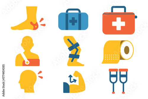 A diverse set of colorful flat icons representing physical injury, orthopedic care, first aid supplies, and the process of medical rehabilitation