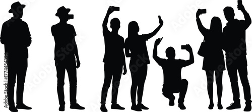 Silhouette people taking selfies, group photo smartphone silhouettes, friends posing with phones, modern social media lifestyle, technology influence on youth, casual celebration photography