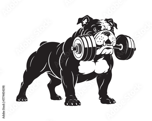 Muscular Bulldog Holding Dumbbell - Fitness and Strength Mascot