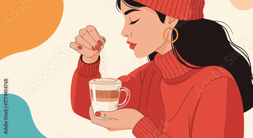 A stylish young woman in a cozy red sweater and beanie adds a sprinkle of something to her layered coffee drink in a warm, inviting setting.