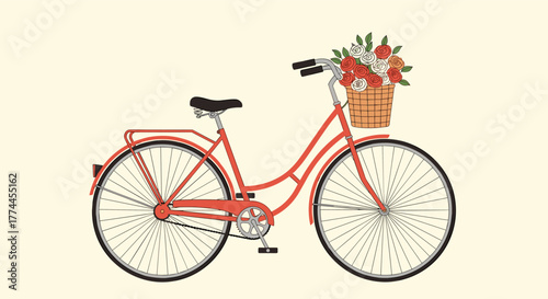 A charming vintage red bicycle with a front basket full of vibrant flowers, perfect for a joyful ride in spring or summer.