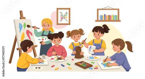 Happy children engaged in various art activities like painting, drawing, and sculpting with their teacher in a vibrant classroom setting.