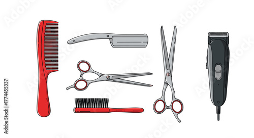 Various professional hairdressing and barber tools, including combs, scissors, a razor, a brush, and a hair clipper.
