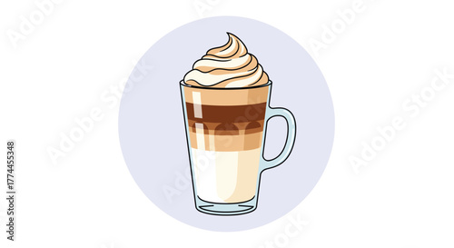 An illustrative graphic of a delicious layered coffee drink in a glass mug topped with swirled whipped cream, served as a refreshing beverage.