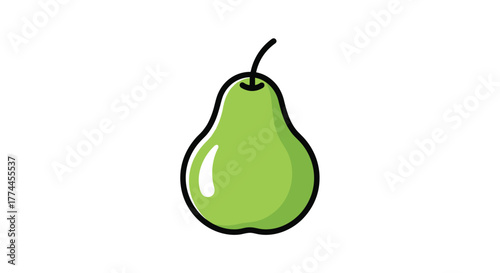 A vibrant green pear illustration with a glossy highlight and a dark stem, presented on a clean white background.