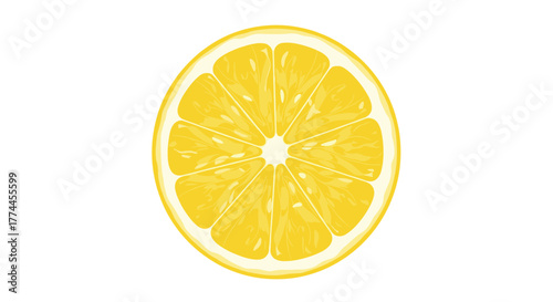 Fresh and vibrant yellow lemon slice, a perfect cross-section revealing its juicy pulp and segments, isolated on a clean white background.