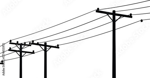 Silhouette utility poles, power lines infrastructure, electricity distribution, telecommunication cables, industrial energy grid, urban skyline connection, electrical engineering