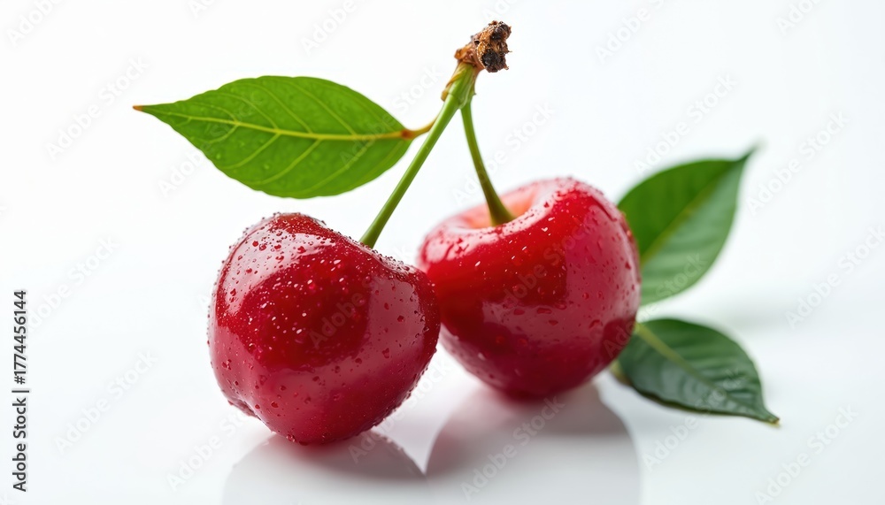 custom made wallpaper toronto digitalTwo ripe red cherries with green leaves and water drops sit on a reflective white surface. Fresh juicy berries, perfect for summer fruit themes and healthy eating concepts.