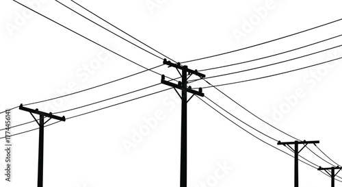 Silhouette utility poles, power lines infrastructure, electricity distribution network, industrial energy grid, urban electrical system, black wires tension, engineering structure