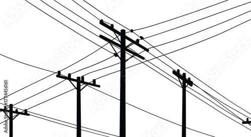 Utility poles silhouette with power lines, electricity transmission network, industrial energy infrastructure, urban grid system, electrical engineering, high voltage cables