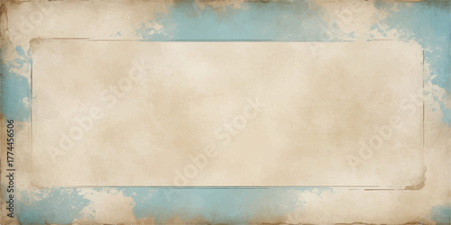 Old blue grunge background texture with a vintage parchment sheet border and stained paper design