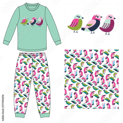 girls t shirt with long pant cute bird print vector art