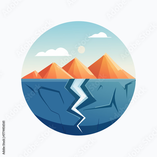 Earthquake and cracked ground with mountains and sky.