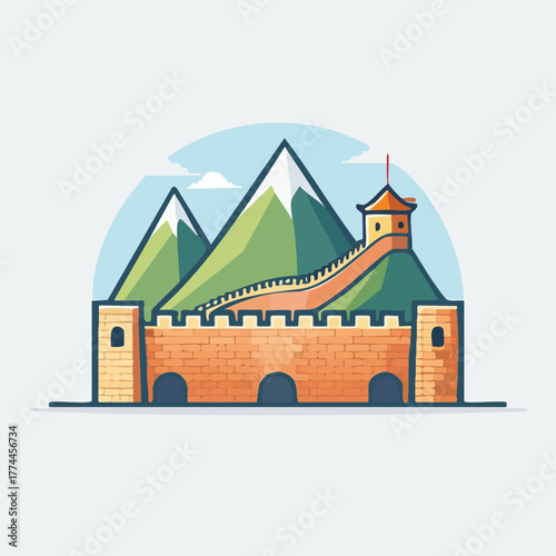 Great Wall of China Illustration with Mountains and Tower.