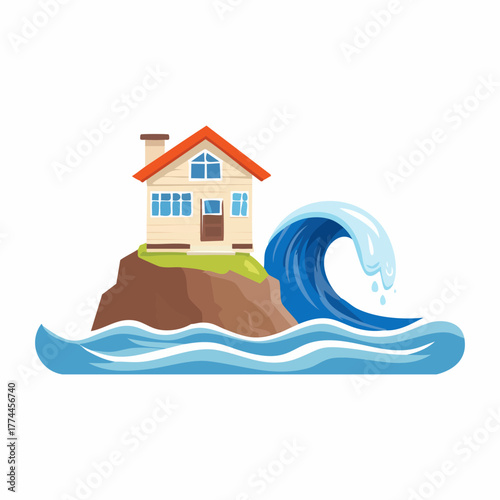 House on cliff facing a large wave disaster.