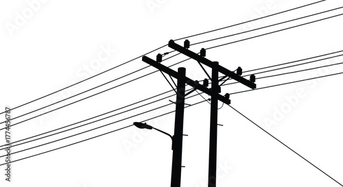 Silhouette utility poles, power lines network, urban electricity infrastructure, streetlight structure, industrial energy grid, electrical engineering concept, urban skyline wires