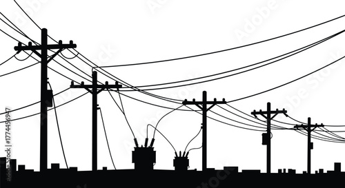 Silhouette of utility poles, power lines, electrical transformers, urban electricity grid, energy distribution network, infrastructure, industrial skyline, technology, connection,