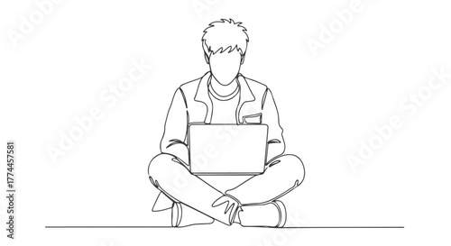 One continuous line drawing of a man sitting cross-legged and working on a laptop, line art vector illustration