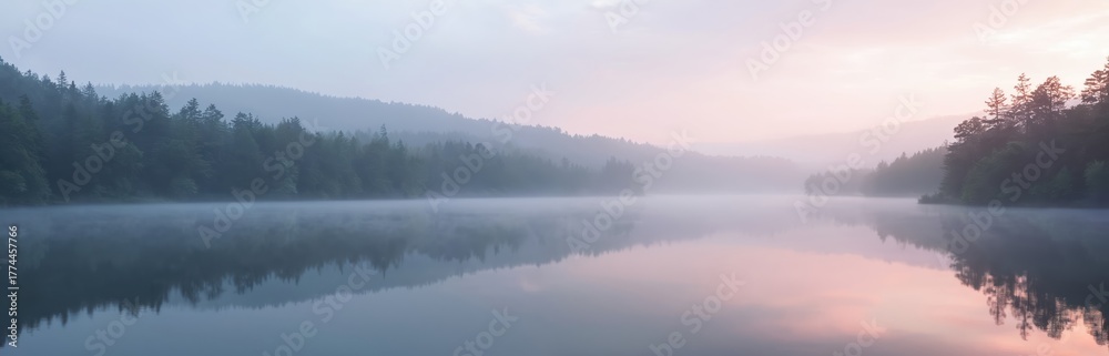 Fototapeta premium Calm forest lake scenery at misty morning. Fog floats over water surface near trees. Reflection of woodland at skyline in smooth lake water. Nature background at sundown.