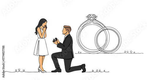 One continuous line illustration of a proposal with a ring, engagement, wedding concept, 5.eps