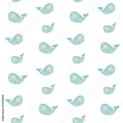 Happy seamless pattern with whales watercolor on a white background.