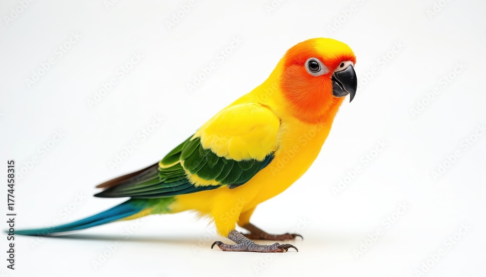 Obraz premium Vibrant sun conure parrot stands on clean white studio background. Feathers bright yellow, orange, green, blue. Tropical pet bird beautiful plumage, curious gaze. Great for educational projects,