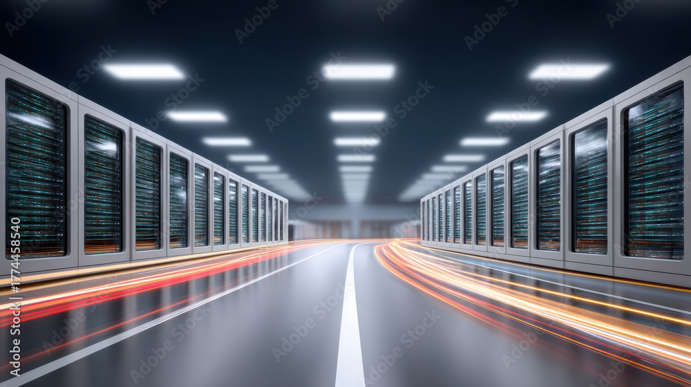 Fototapeta premium Data modernization server room corridor with motion blur and glowing network lights