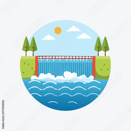 Scenic illustration of a dam with flowing water and nature.