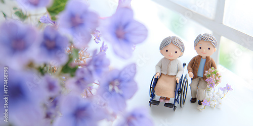 紫陽花の下でリハビリに励む家族／まみおデザイン福祉シリーズ