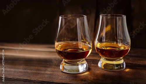 Classic Glencairn Whisky Glass With Rich Amber Whisky On Rustic Wooden Surface