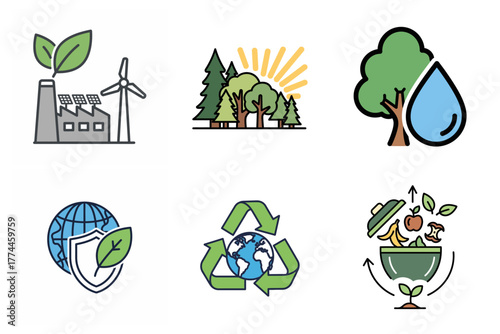 Ecology and Environment Icons Set. Sustainable Living, Green Energy, Recycling, Composting, Nature Conservation Symbols.