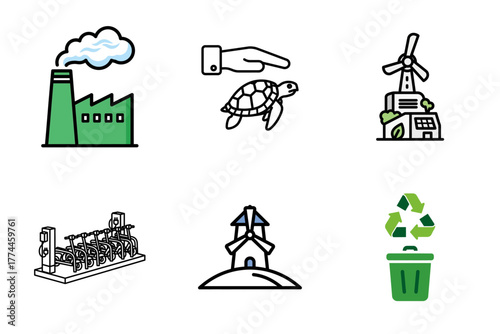 Environmental Protection and Sustainability Icons: Renewable Energy, Eco-Friendly Transport, Recycling, and Conservation Vector Set