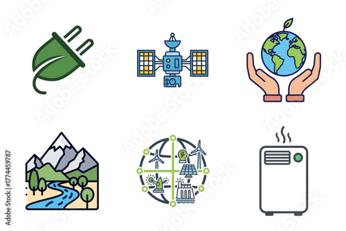Green Energy and Ecology Icons Set - Sustainable Technology and Environmental Protection