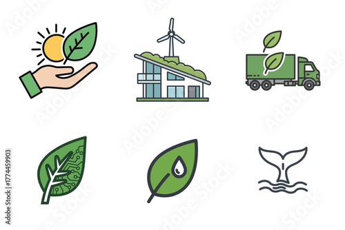 Environmental Sustainability Icons Set: Nature, Green Technology, Renewable Energy, and Eco-Friendly Concepts